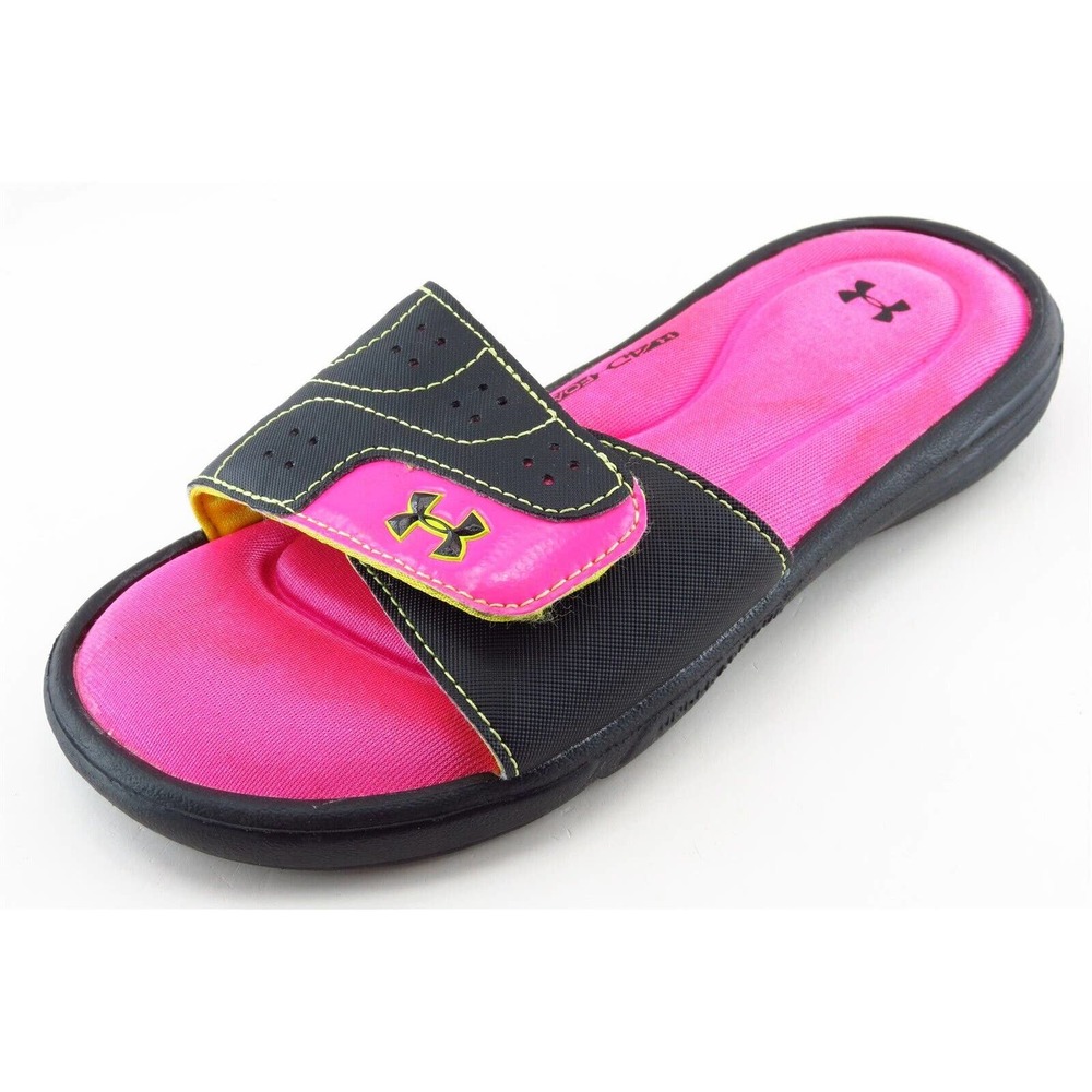 Under Armour Girls' Slides Size 2 Black Synthetic Adjustable Comfort Sandals